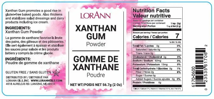 LorAnne Xanthan Gum label with nutrition facts: 22 servings per container, serving size: 1 tsp, 7 calories, 0g fat, 0g cholesterol, 62mg sodium, 13mg potassium, 2g carb, 2g fiber, 0g sugar, 0g protein. Ingredients: xanthan gum powder - gluten free