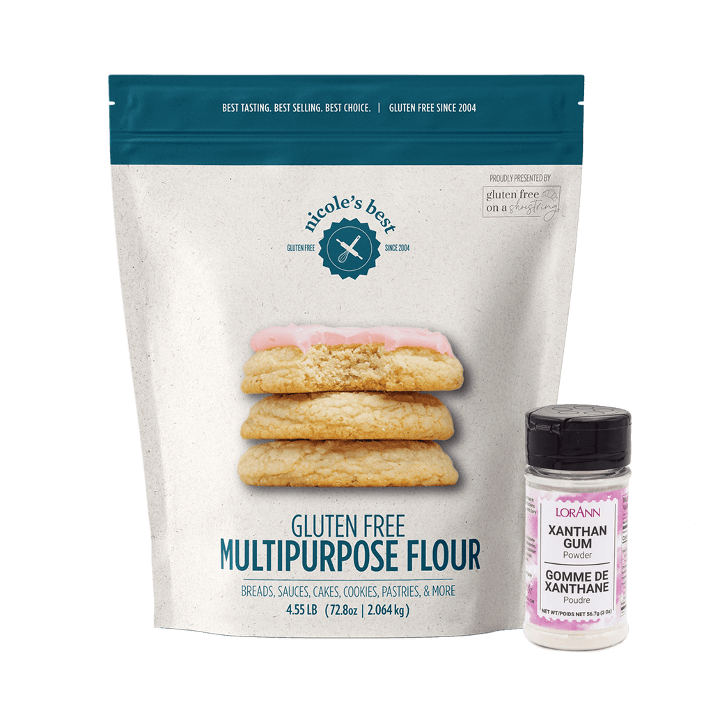 Package of Nicole's Best gluten-free multipurpose flour with a bottle of xanthan gum for optimal baking