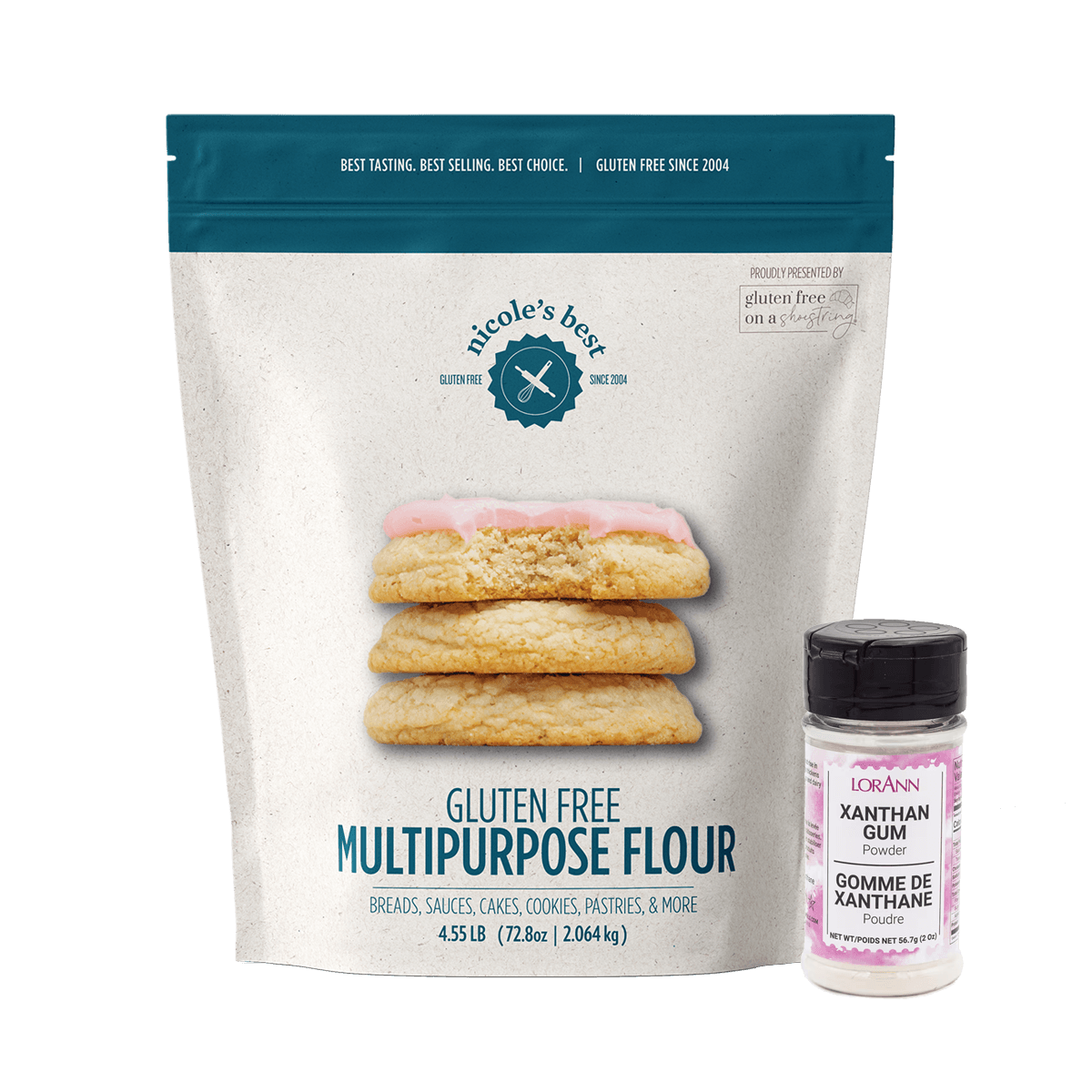 Package of Nicole's Best gluten-free multipurpose flour with a bottle of xanthan gum for optimal baking