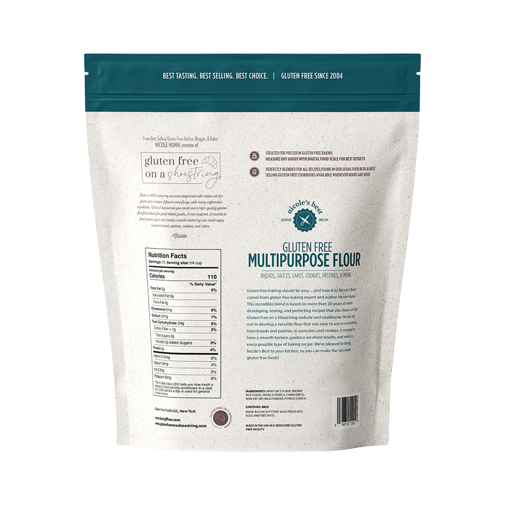 Back of Nicole's Best Gluten Free Flour for Baking Package with Nutrition Label 