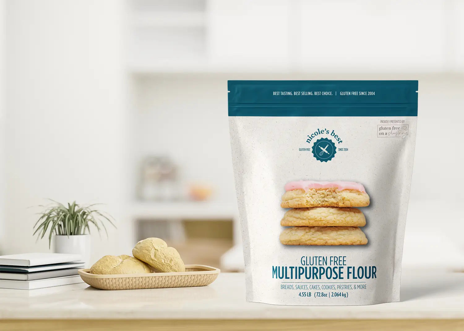 Bag of Nicole's Best gluten-free flour on a kitchen counter 